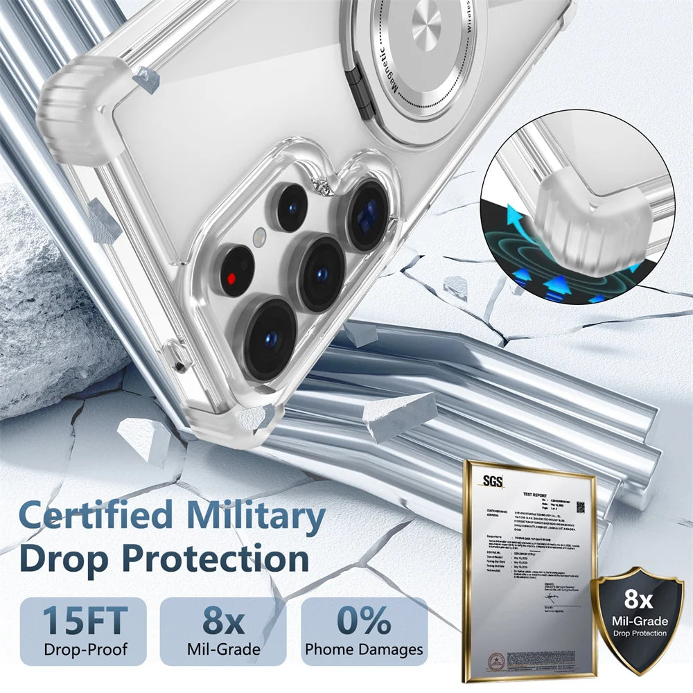 GearKA™ MagStand – Rotating Magnetic Folding Stand Clear Case for Samsung Galaxy S25 / S25+ / S25 Ultra (Edge Compatible)