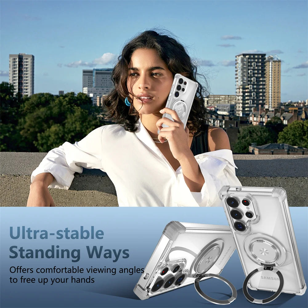 GearKA™ MagStand – Rotating Magnetic Folding Stand Clear Case for Samsung Galaxy S25 / S25+ / S25 Ultra (Edge Compatible)